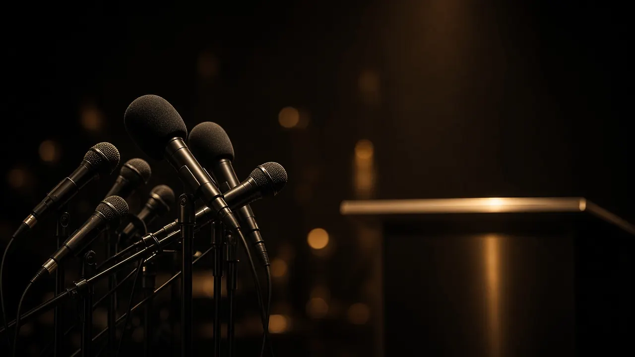 Press conference microphones in front of a podium — media relations and press office services in Kenya