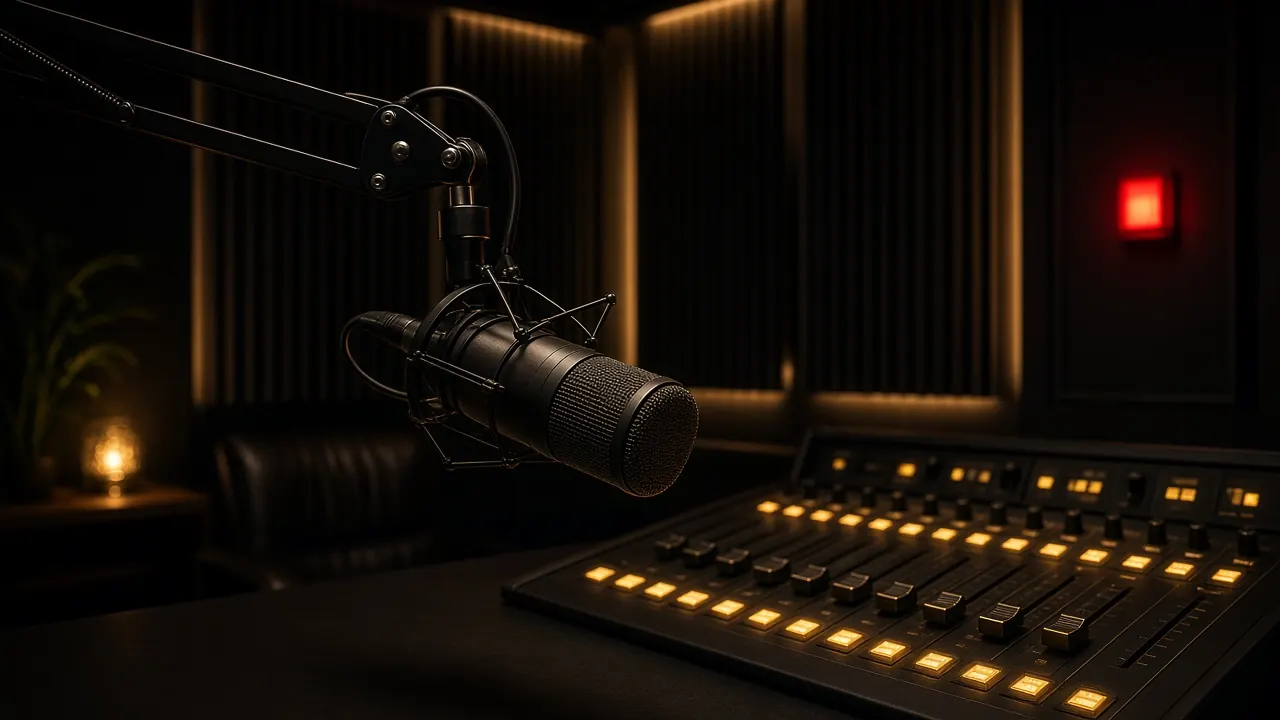 Radio broadcast studio with microphone and mixing console — radio interviews and placements in Kenya